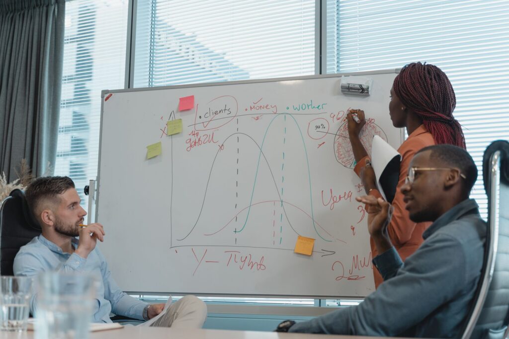Geschäftsteam bespricht Strategie und Rechtsformen vor einem Whiteboard