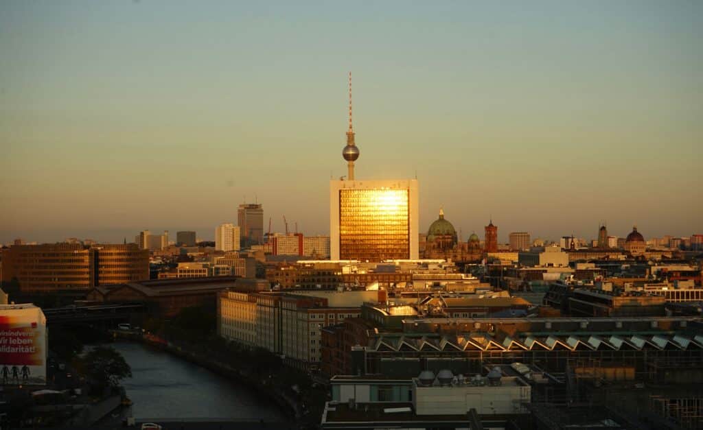 Berlin skyline with the TV Tower glowing in sunset light